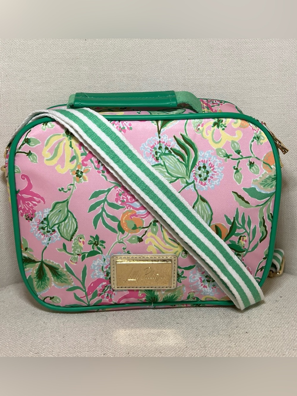 Lilly Pulitzer Pink Floral insulated lunch bag with Green Trim